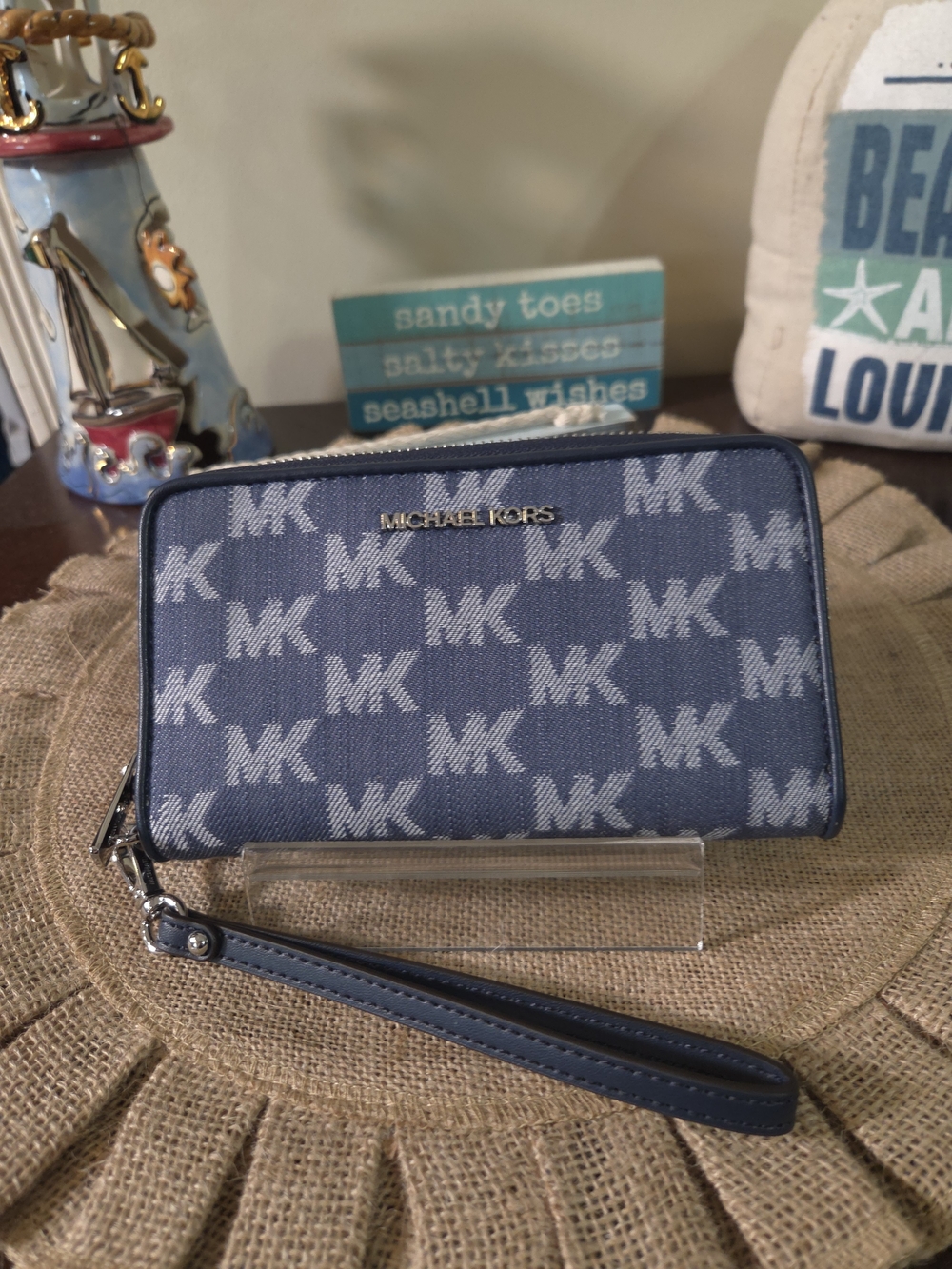 NWT Michael Kors Denim Logo Zip Wristlet Wallet Phonecase